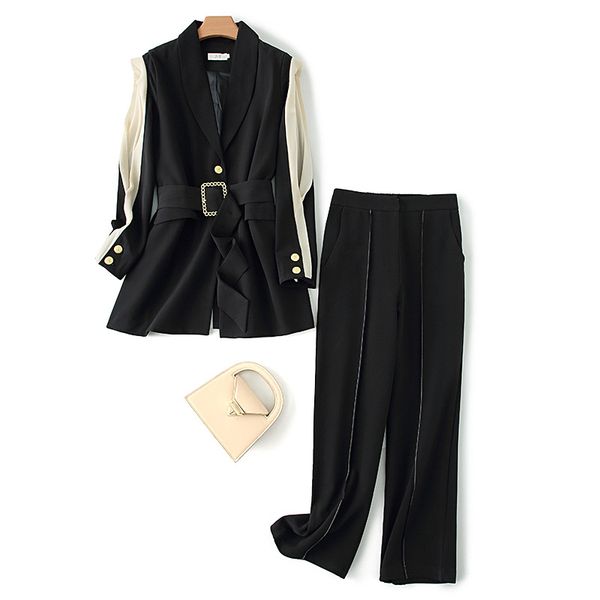 

new women blazer two piece sets long sleeve blazer coat straight leg pants office lady spring autumn two piece set suit, White