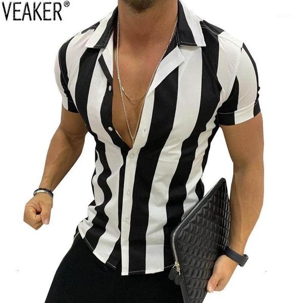 

2019 slim fit gestreepte shirts mannelijke casual streetwear high street shirt mannen zomer korte mouwen shirt -3xl1, White;black