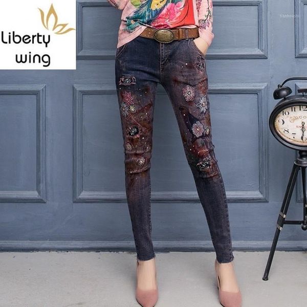 

vintage stretch 3d flower slim pencil pants women elegant style office work long denim trousers pocket zip jeans s-xxl1, Blue