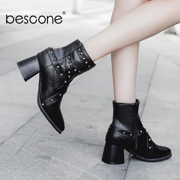 

bescone handmade women mid-calf boots winter warm fashion rivet square heel shoes comfortable zipper high heel ladies boots bm851, Black