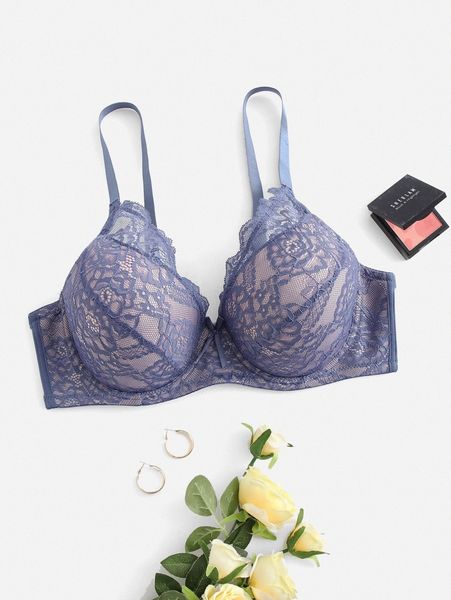 

plus contrast lace underwire bra 52uz#, Black;white