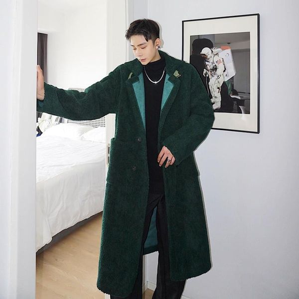 

men's trench coats male streetwear vintage fashion casual windbreaker jacket overcoat men faux lambswool thick long coat outerwear, Tan;black