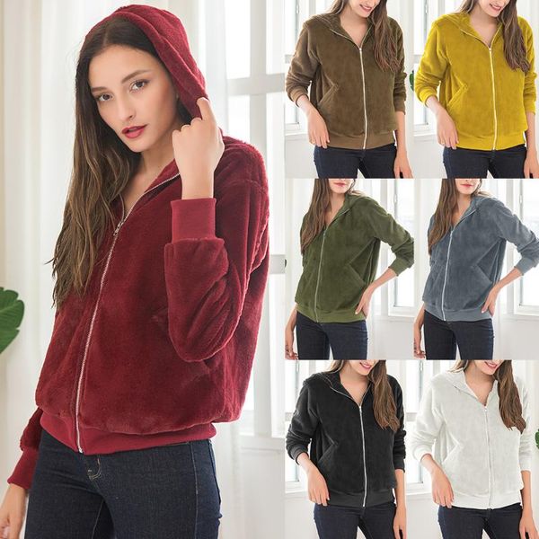 

women thick warm faux fur jacket autumn winter plush zipper coat hoddies pocket casual outerwear camel hairy overcoat plus size, Black;brown