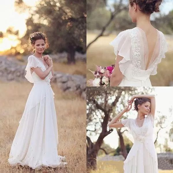 Bohemian Hippie Style Abito da sposa country lungo 2022 Beach Boho A Line Pizzo Abiti da sposa in chiffon Abiti da sposa bianchi senza schienale sexy