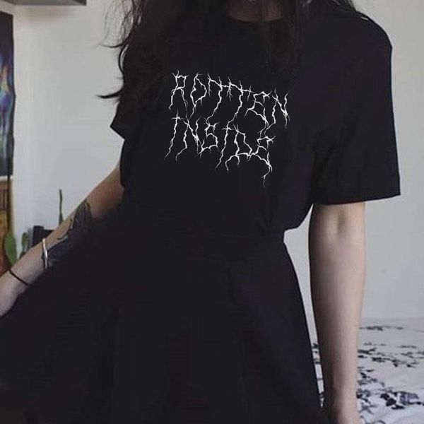 

rotten inside gothic punk women t-shirt egirl edgy fashion grunge graphic tee female cotton short sleeve vintage tumblr goth top, White