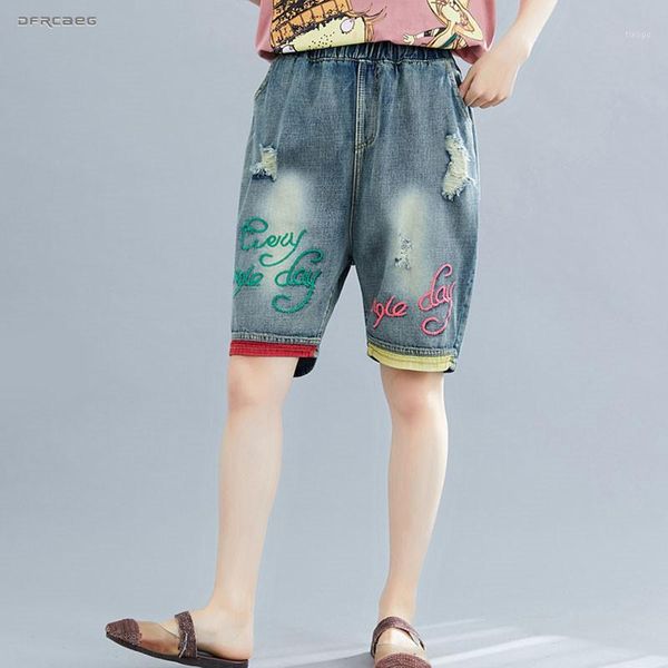

blue ripped capris denim short jean woman 2019 summer elastic waist knee length letter embroidery boyfriend jeans pants female1