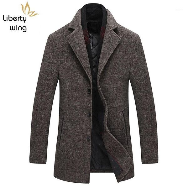 

smart casual long sleeve single breasted lapel mens woolen coats winter cotton lining thick warm male loose overcoats plus size1, Black