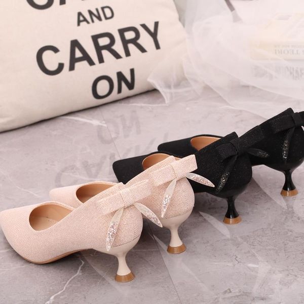 

fashion french bow sequin ins fairy style high heels 2020 spring and autumn new pointed cat heel shoes 3cm, Black