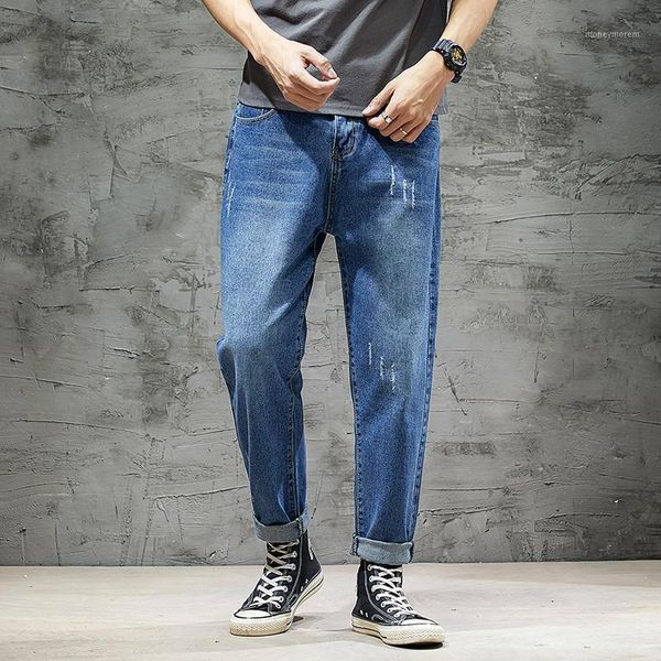 

spring summer ankle length jeans boys korean version wild straight loose fit wide-leg trendy brand full pants male harem pants1, Blue