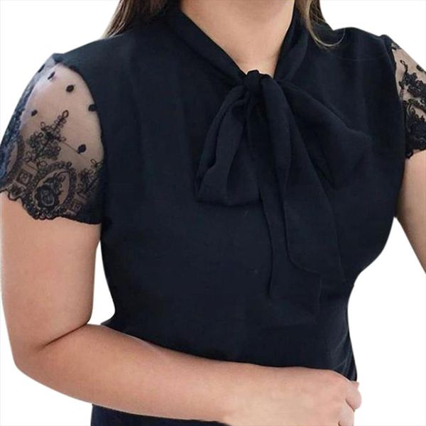 

2020 womens blouse summer work office lace bow short sleeve chiffon shirt casual blouse female blouses fashion new, White