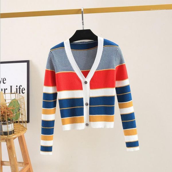 

2020 spring new slim stretch cardigan v-neck striped sweater coat wild cardigan women f9181, White
