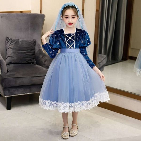 

2020 girls' autumn ice and snow wonderland aisha long sve veet princs drs lace hook flower skirt, Red;yellow