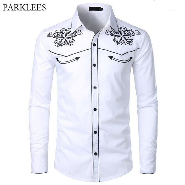 

white star embroidery shirt men 2020 brand new mens casual button down dress shirts slim long sleeve shirt male camisas hombre1, White;black
