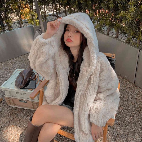 

women's fur & faux winter women hooded rabbit coat korean pink apricot purple zipper long sleeve casual female warm plush outwear 9i9p, Black