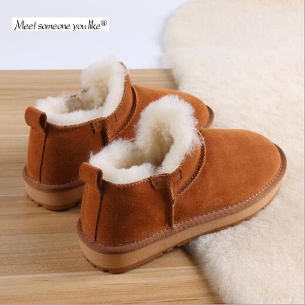 

2020 new frosted cowhide snow boots women thick wool short tube leather boots shallow mouth non-slip plus velvet cotton shoes, Black