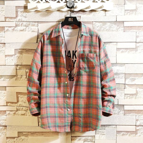 

2021 new hip hop streetwear casual plaid shirt for men's long sleeve spring autumn korea oversize clothes e9qv, White;black