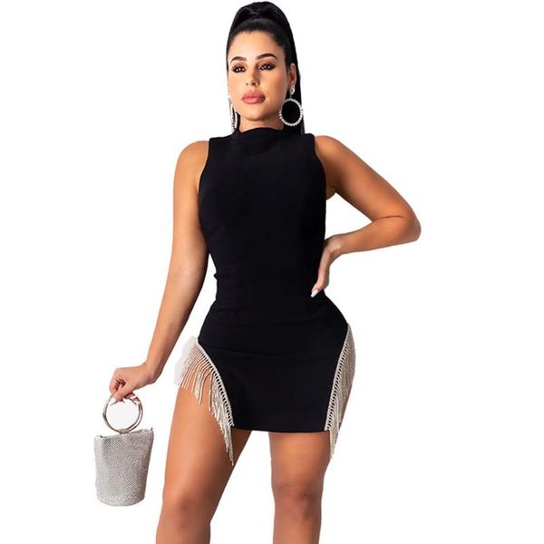 

new fringe tassel bodycon mini dress women sleeveless cut out black dress elegant party night club dresses vestido de festa, Black;gray