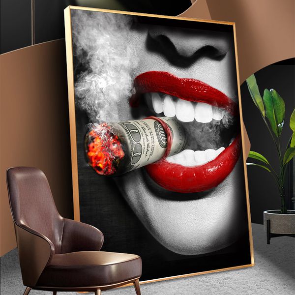 

poster print red lips woman cigarette oil painting canvas wall pictures for living room home decor