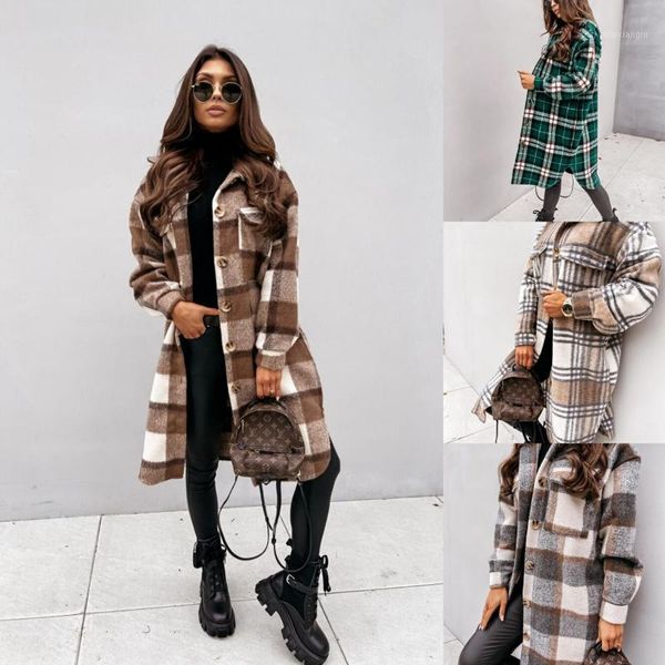 

women's woolen coat fashion loose plaid jacket women's spring autumn thickened coat plaid printed shirt long woollen overcoat1, Black