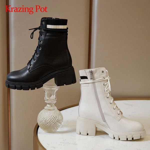 

krazing pot fashion boots natural leather knitting gorgeous round toe high square heel zipper pretty girls dress ankle boots l65, Black