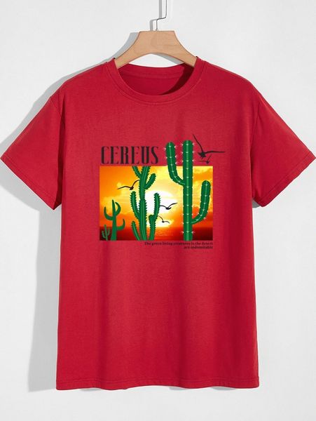 

men slogan & cactus print tee u7dn#, White;black