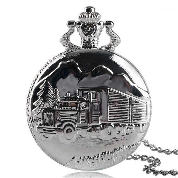 

solid silver lorry carving pocket watch simple truck car pattern slim necklace cool boys teens clock special family drivers gift1 watches, Slivery;golden