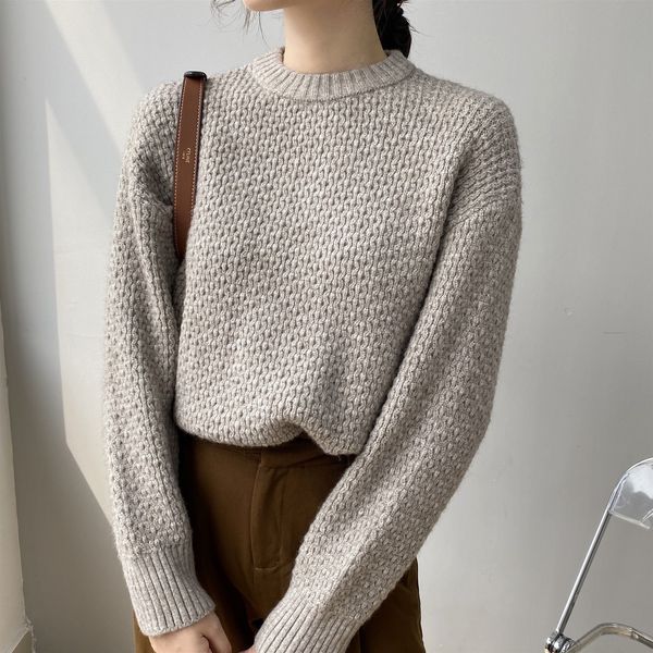 

2021 new autumn o-neck long sleeve women warm sweater pure color winter thick short pullovers pull femme nm4y, White