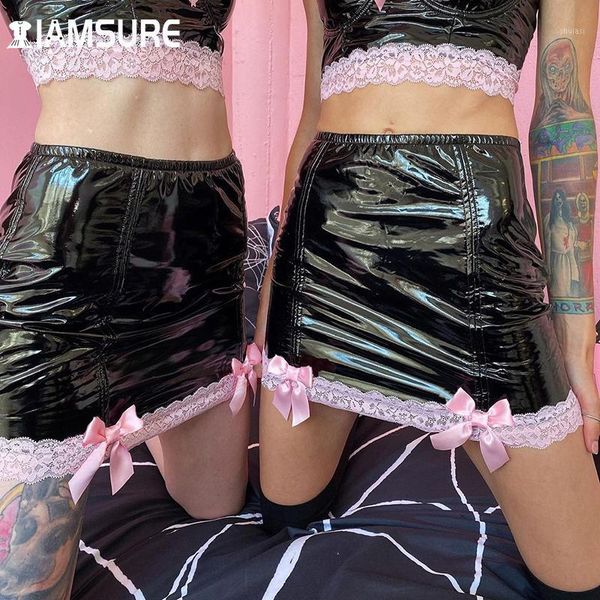

iamsure pu bow lace trim above knee pencil skirt slim mid-waisted all-match leather skirts cute skinny party night club wear y2k1, Black