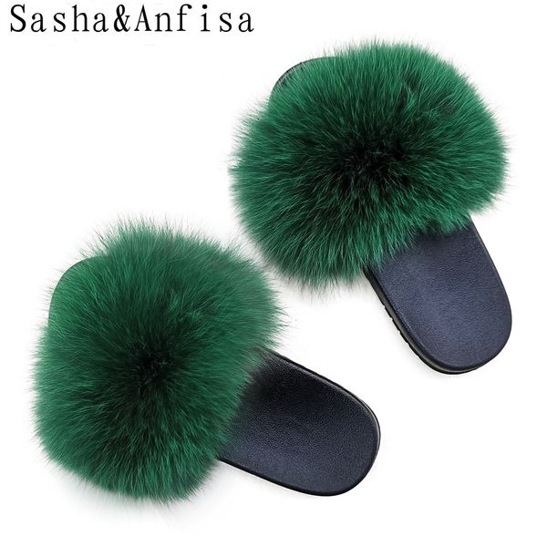

2020 women furry slippers ladies shoes cute plush fox hair fluffy sandals women fur slippers luxury fox fur slippers women y200706, Black