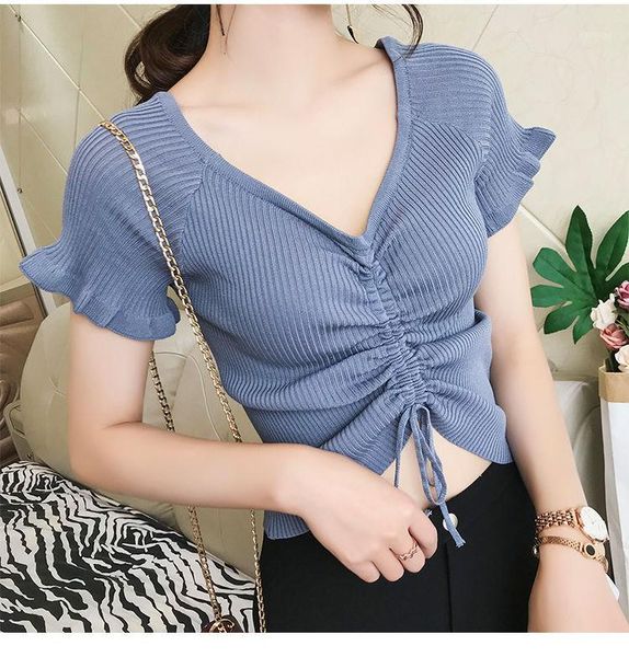 

2020 new women t-shirts knitted women's clothing v-neck short sleeve slim ice silk bottoming shirt drawstring t-shirt female1, White