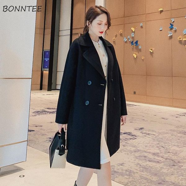 

blends women elegant korean style solid pockets all-match black harajuku ladies long coats womens winter straight