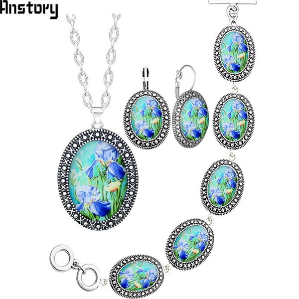 

oval daffodil flower jewelry set antique silver plated necklace earrings bracelet fashion jewelry 417