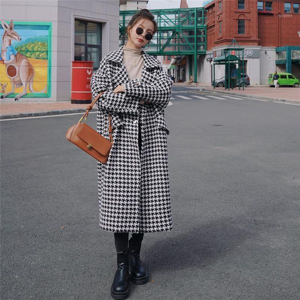

new winter elegant wool coat women fashion women's houndstooth suit collar long clothes classic overcoat warmness outwear y1851, Black