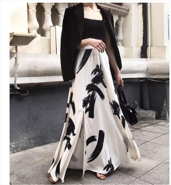 

korean style elegant 2020 summer new women long maxi skirt party vestidos printed high waist split a line skirts fem, Black