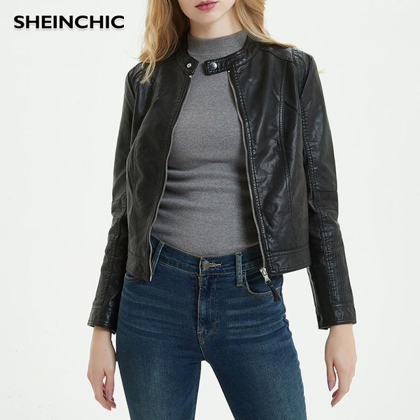 

european 2020 women long sleeve jacket pu leather zippers autumn jacket outerwear motor biker soft leather elegant coat1, Black