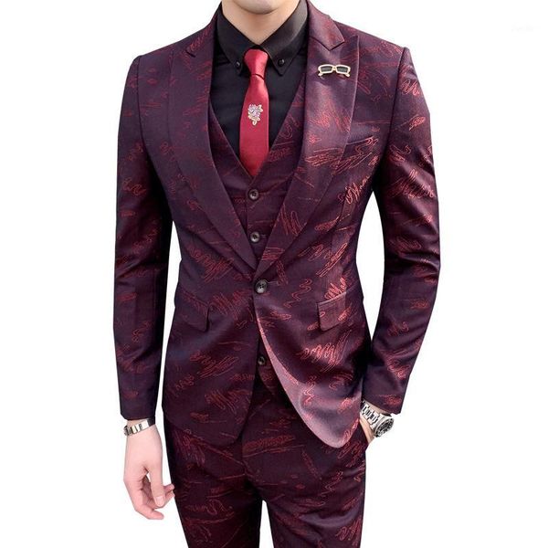 

three pieces set suits men's singers perform stage show sequins embroidered flower red blue pink wedding suit costume homme1, White;black