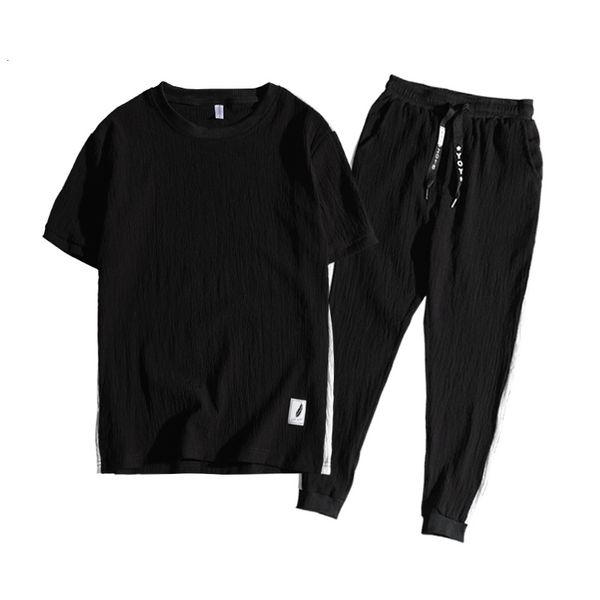 

2021 men summer new casual o-neck short sleeve t-shirt pants toe pieces set m-3xl plus size clothing u40r, Black