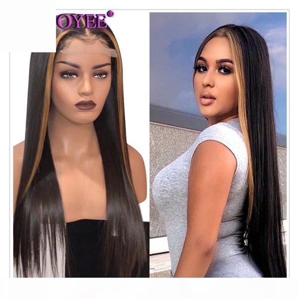 

natural black with highlight blond brown wig t part front lace wig straight human hair preplucked bleached knots for black women, Black;brown
