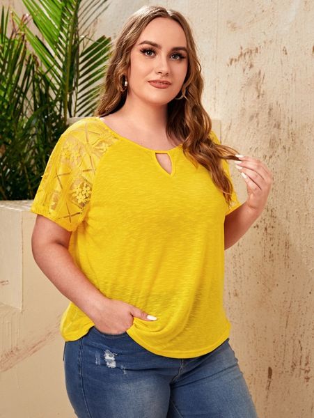 

plus keyhole neck lace raglan sleeve y3dn#, Black