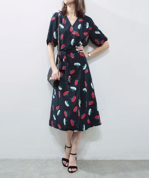 

women dress dark blue red flower print viscose midi dress1, Black;gray