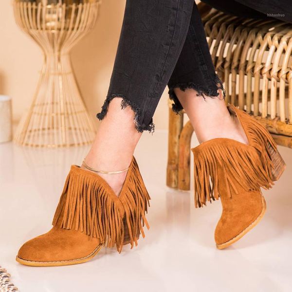 

boots women ankle chunky high heels pumps chaussure plus size autumn warm tassels fashion shoes woman zapatos mujer sapato d20801, Black
