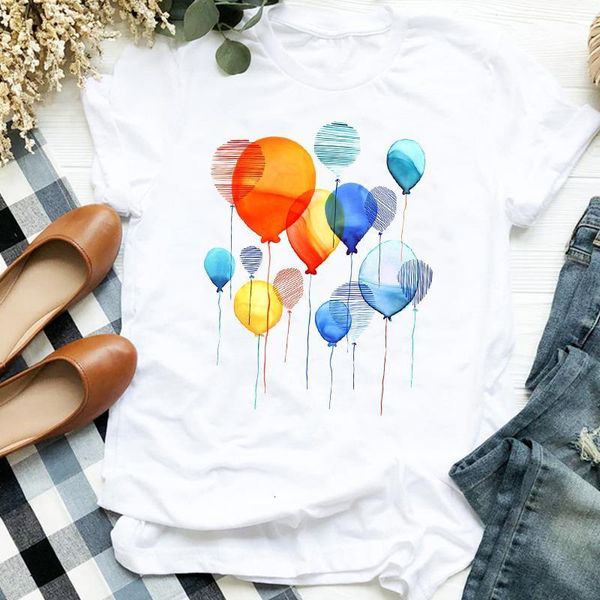 

watercolor balloon print t shirt women short sleeve o neck loose tshirt women tee shirt female clothes camisetas mujer, White