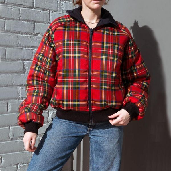 

women puffy oversized reversible jacket red multicolor plaid padded outerwear with contrast collar and trimming, Black;brown