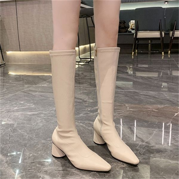 

new fashionable 2021 at knee women's leather thick boots pointed to the zip side british style lady knight boot shoes black rclb
