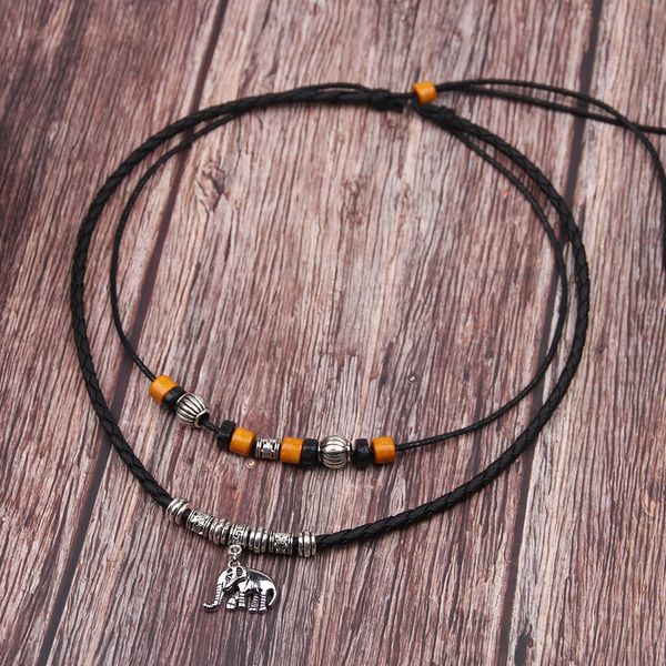 

necklace men's multi-layer wooden bead alloy elephant personality pendant necklace fashion, Silver