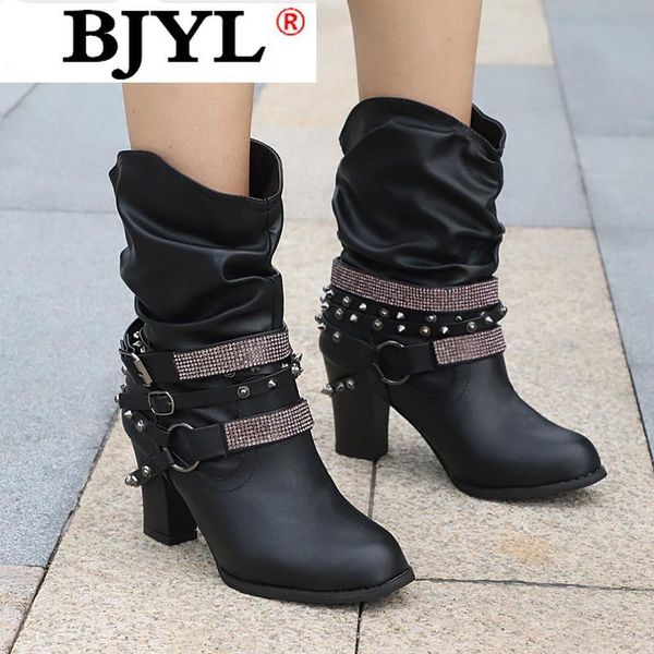 

2020 winter women's boots fashion put-on high heel ankle boots pointed toe square-heel buckle women's pu zapatos de mujer, Black