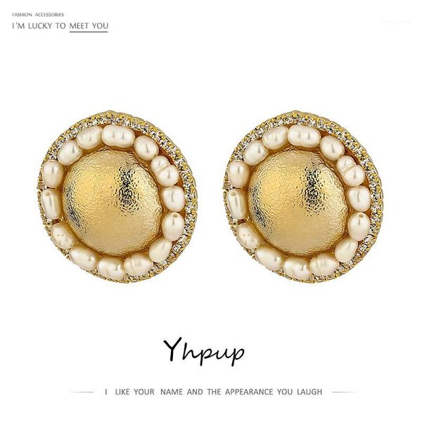 

yhpup charm round metal natural pearl stud earrings elegant fashion gold copper earrings jewelry orecchini donna party gift 20201, Golden;silver