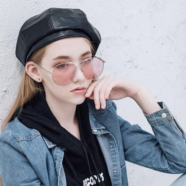 

beret women's autumn winter version of the wild british retro fashion casual painter hat flat cap high-quality leather u beanie, Blue;gray