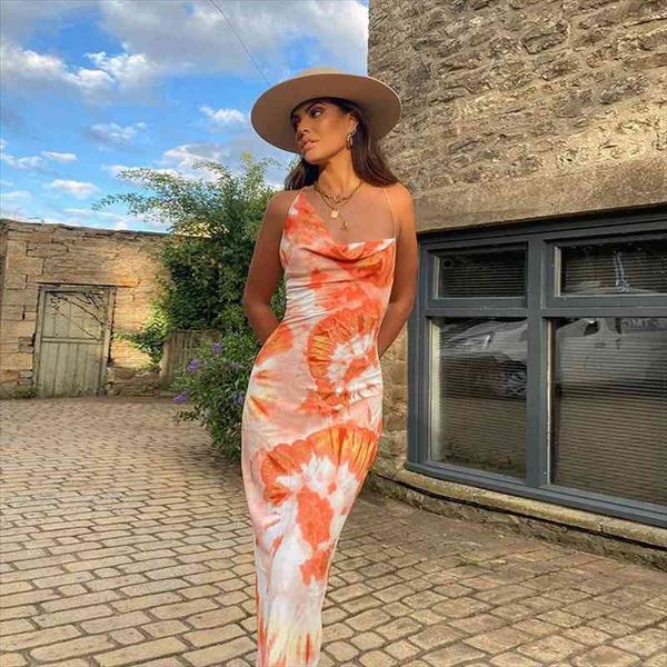 

tie dye print fashion backless lace up ankle-length dresses sleeveless club party holiday spaghetti strap orange sundress, Black;gray