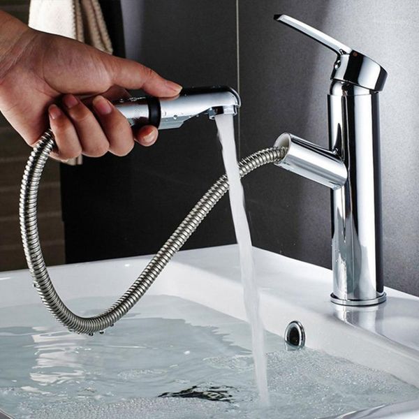 Rubinetti per lavandino del bagno Rubinetto girevole estraibile in ottone montato sul piano Maniglia singola con beccuccio in ABS Miscelatore freddo con 2 tubi di ingresso1